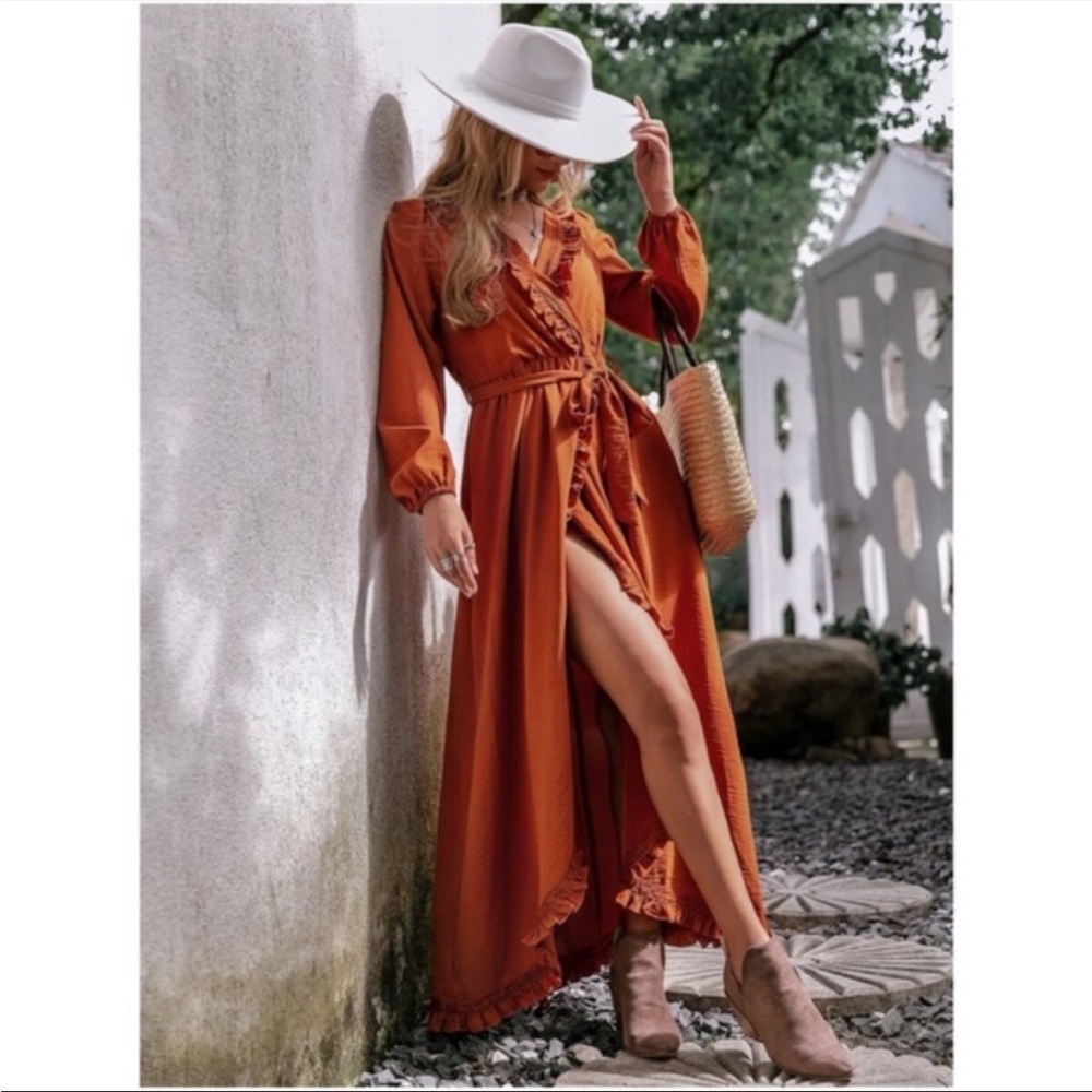 Bohemian Gypsy Rust Orange Ruffle Wrap Maxi Dress S M L XL